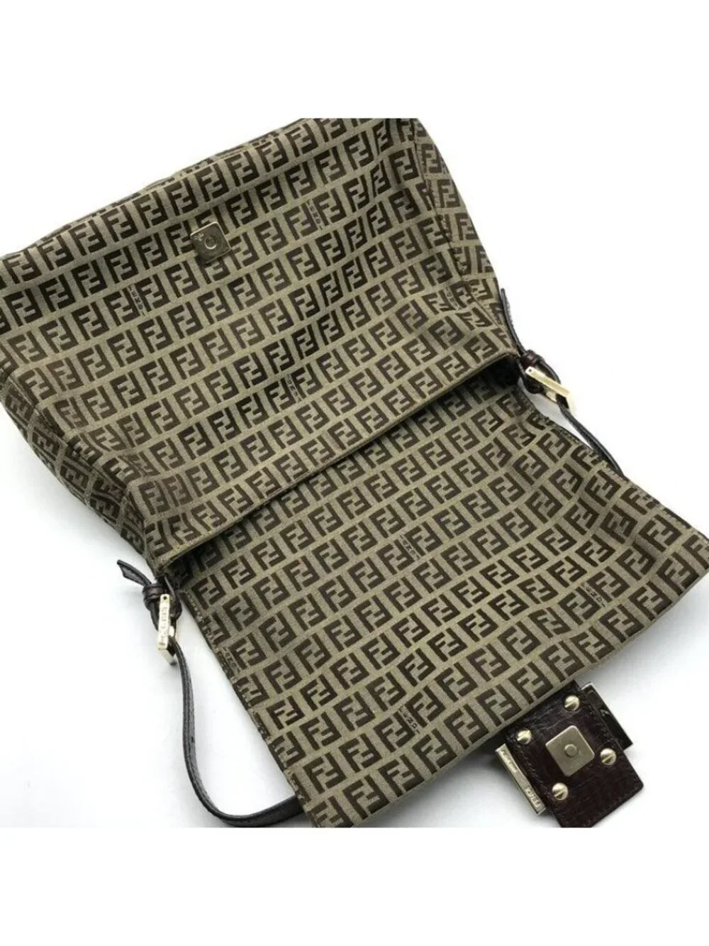 Fendi Zucchino Canvas Leather Shoulder Bag Brown